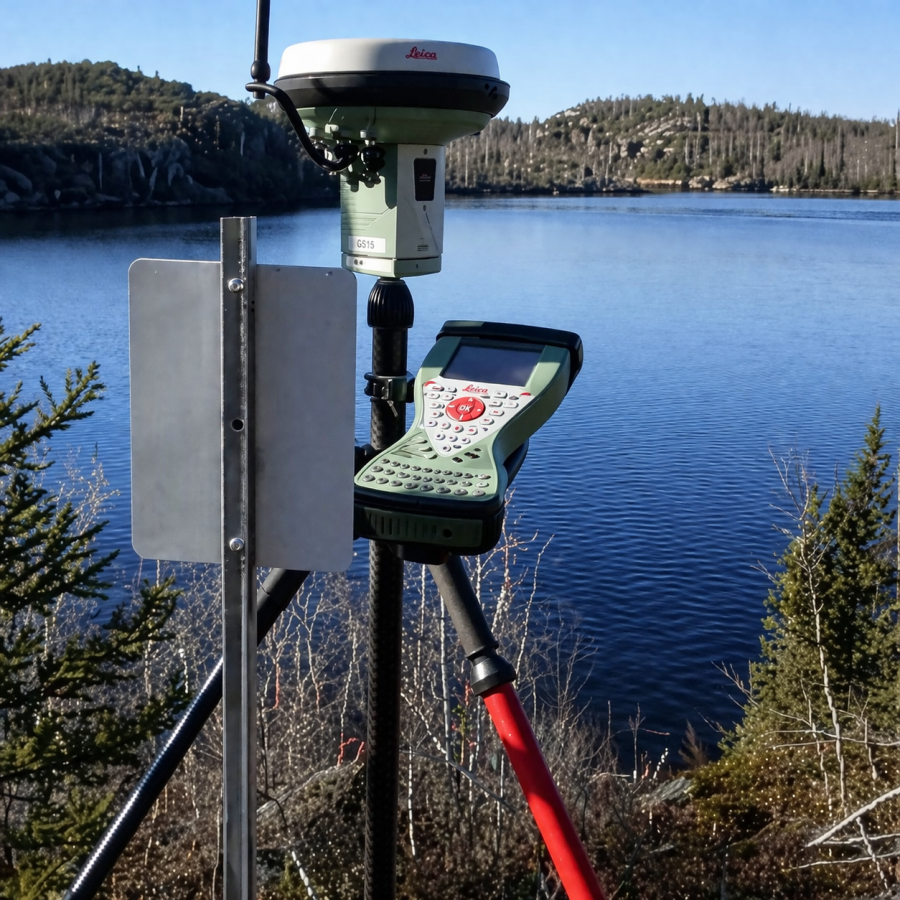 Surveying gear by the tranquil lake