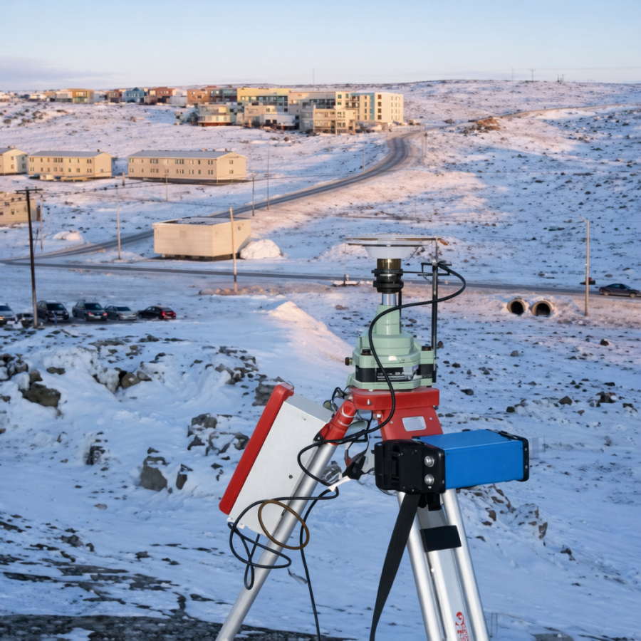 Surveying the Arctic town at sunset
